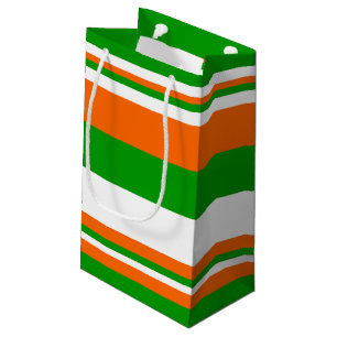 Petit Sac Cadeau Rayures vertes, blanches et oranges