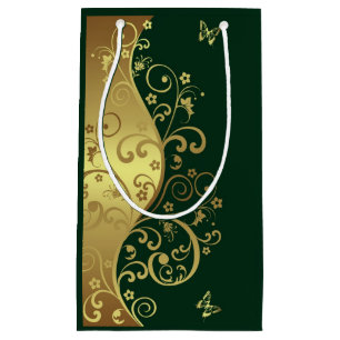 Petit Sac Cadeau Remous d'or et vert-foncé
