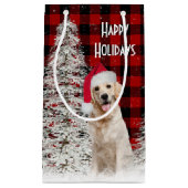 Petit Sac Cadeau Retriever d'or de Noël sur Plaid (Devant)
