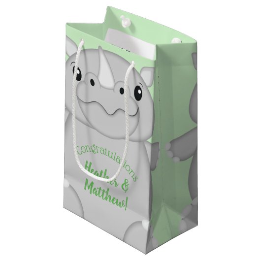 Petit Sac Cadeau Rhino Baby shower vert (Devant Angle)