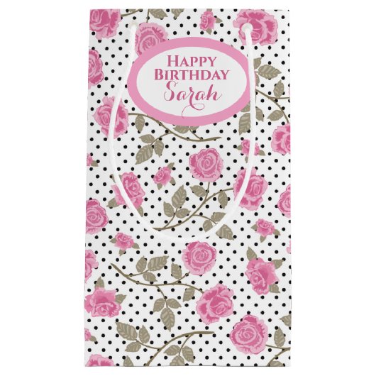 Petit Sac Cadeau Roses roses et Pois noirs Monogrammes (Devant)