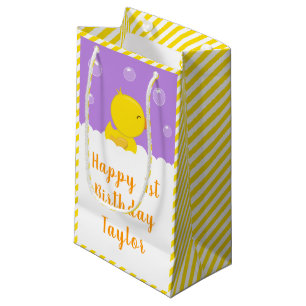 Petit Sac Cadeau Rubber Ducky Jaune et Violet Joyeux anniversaire