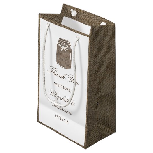 Petit Sac Cadeau Rustique Burlap Mason Jar Mariage (Devant Angle)