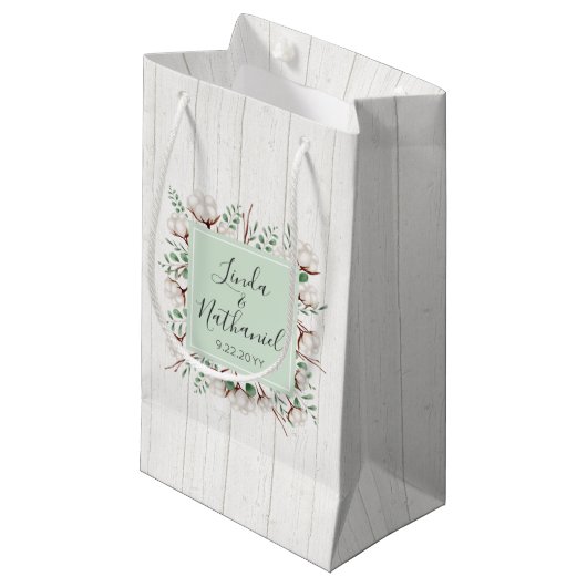Petit Sac Cadeau Rustique Sud Coton & Bois Ferme Mariage Faveur (Devant Angle)