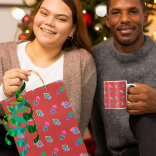 Petit Sac Cadeau Sacred Hearts Catholiques Folk Art Rouge