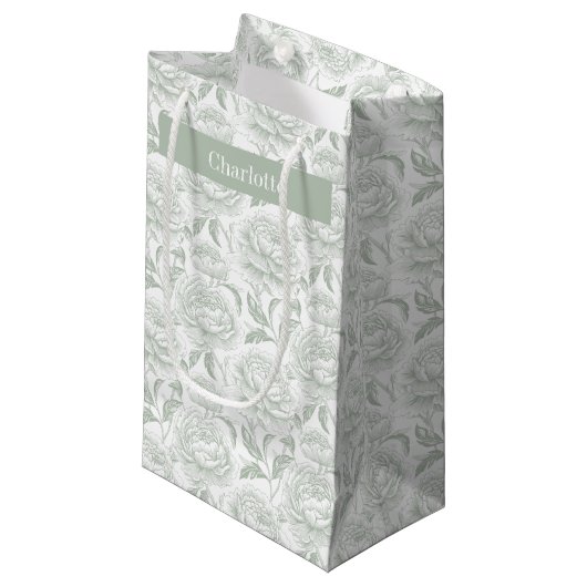 Petit Sac Cadeau Sage Green Chinoiserie Peonies (Devant Angle)