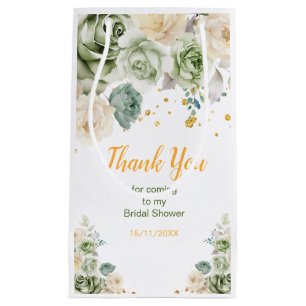Petit Sac Cadeau Sage Vert et Crème Fleurs Mariage