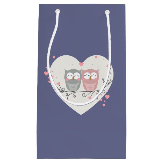 Petit Sac Cadeau Saint-Valentin aux chouettes amoureuses (Devant)