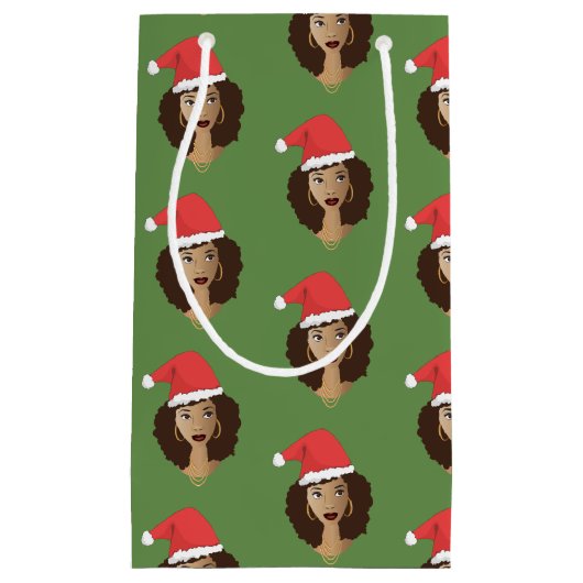 Petit Sac Cadeau Santa Hat de Noël, Femme noire, Vert (Devant)