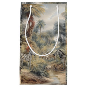 Petit Sac Cadeau Scène botanique de zèbres et lions dans une oasis