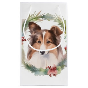 Petit Sac Cadeau Shetland Sheepdog Christmas Wreath Festive Pup