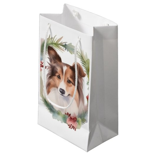 Petit Sac Cadeau Shetland Sheepdog Christmas Wreath Festive Pup (Devant Angle)