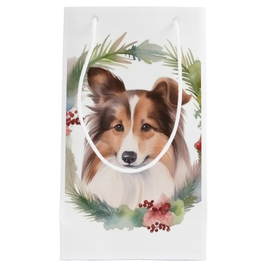 Petit Sac Cadeau Shetland Sheepdog Christmas Wreath Festive Pup (Devant)
