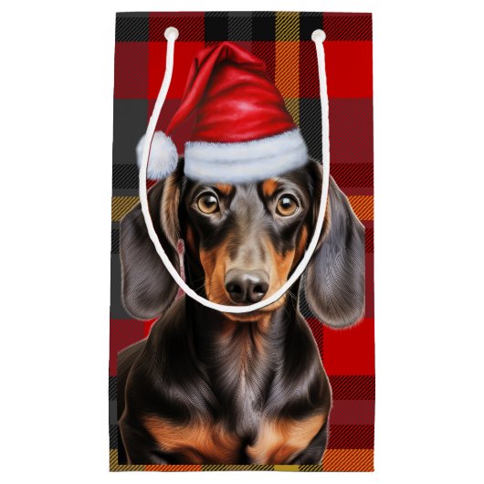 Petit Sac Cadeau Smooth Coat Dachshund Red Christmas Plaid (Devant)