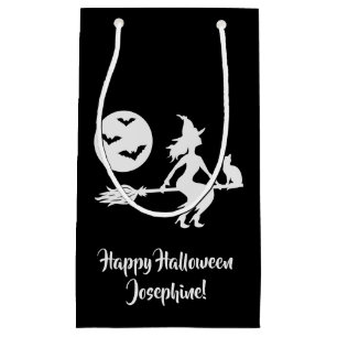 Petit Sac Cadeau Sorcière Sur Un Balai Noir Et Blanc Joyeux Hallowe