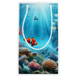 Petit Sac Cadeau Sous la mer, tortue, corail, bateau, poisson clown