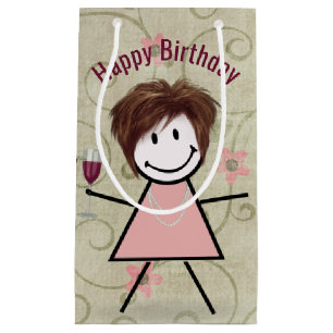 Petit Sac Cadeau Stick Girl Anniversaire Avec Vin Rouge