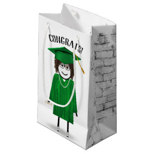Petit Sac Cadeau Stick Girl Graduate avec Casquette vert et diplôme