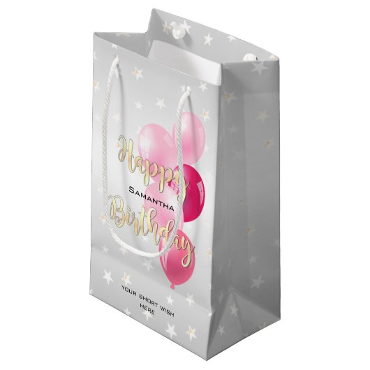 Petit Sac Cadeau Stylish Starry Joyeux anniversaire et ballons rose (Devant Angle)
