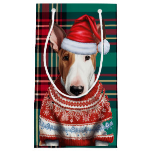 Petit Sac Cadeau Taureau de vacances Terrier Chien rouge Vert Plaid