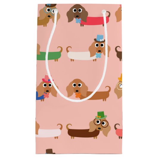 Petit Sac Cadeau Teckels sur le rose (Devant)