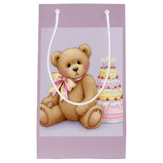 Petit Sac Cadeau Teddy avec un gâteau rose, par Natasha Us