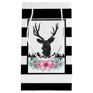Petit Sac Cadeau Tête de cerf noir avec Fleurs et Montagnes roses