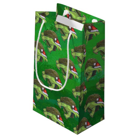 Petit Sac Cadeau Tortue à Santa Chapeau sur Vert (Dos Angle)