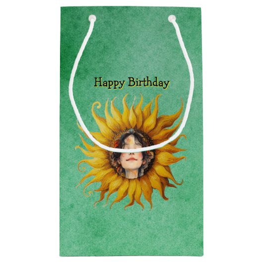 Petit Sac Cadeau Tournesol brillant avec les filles visage sur vert (Dos)