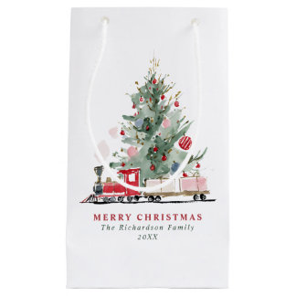 Petit Sac Cadeau Train de jouet d'arbre de Noël à l'aquarelle