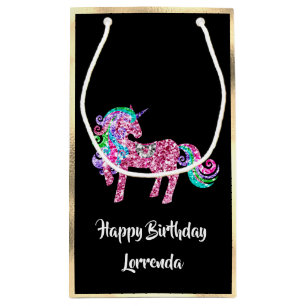 Petit Sac Cadeau Unicorn Joyeux Anniversaire Nom Gold Rose Girly Bl