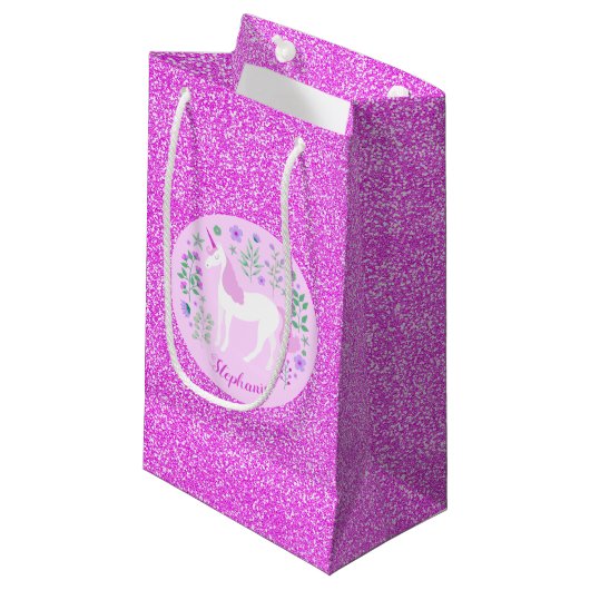 Petit Sac Cadeau Unicorn Parties scintillant rose Nom personnalisé (Devant Angle)