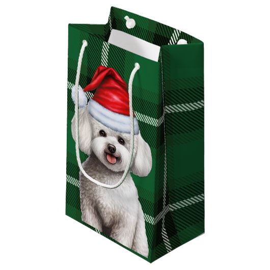 Petit Sac Cadeau Vacances Bichon Frise Chien Vert Plaid Noël (Devant Angle)