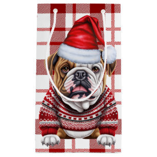 Petit Sac Cadeau Vacances Bulldog Rouge et blanc Plaid Noël