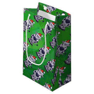 Petit Sac Cadeau Vache Noël sur vert