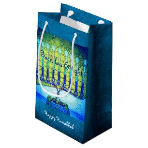 Petit Sac Cadeau Vert Bleu Paix Amour Lumière Hanoukka Menorah Bold
