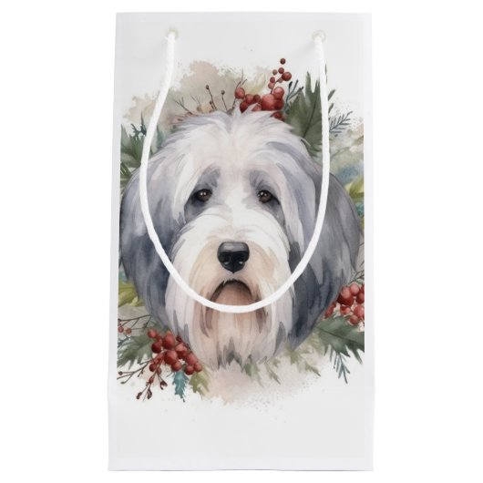 Petit Sac Cadeau Vieux anglais Sheepdog Christmas Wreath Festive Pu (Devant)