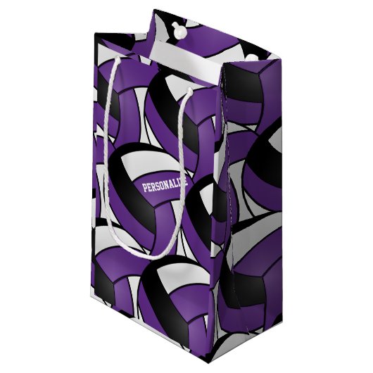 Petit Sac Cadeau Volleyballs violets, noirs et blancs (Devant Angle)
