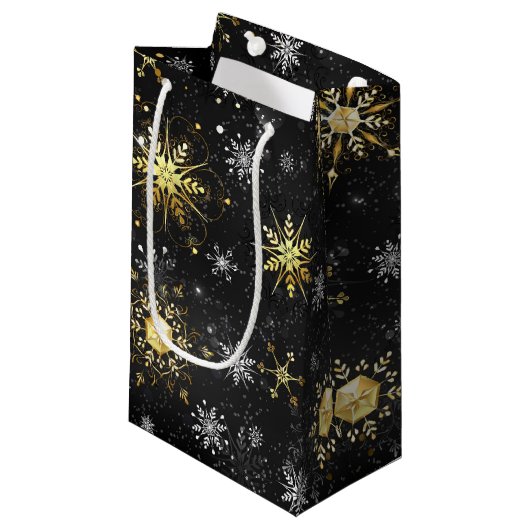 Petit Sac Cadeau Xmas Golden Snowflakes on Black Background (Devant Angle)