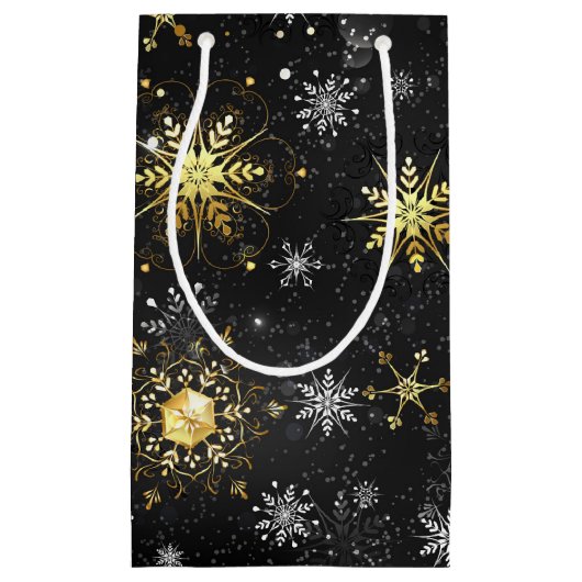 Petit Sac Cadeau Xmas Golden Snowflakes on Black Background (Devant)