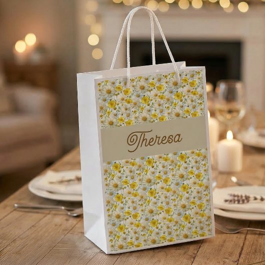 Petit Sac Cadeau Yellow Wildflowers Pattern Monogram Name