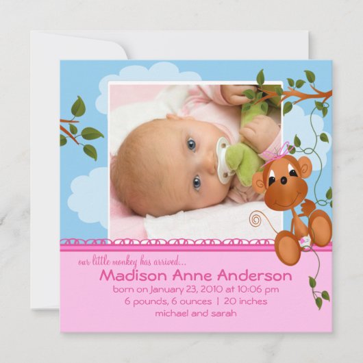 Petit singe bébé fille Faire-part photo (Devant)