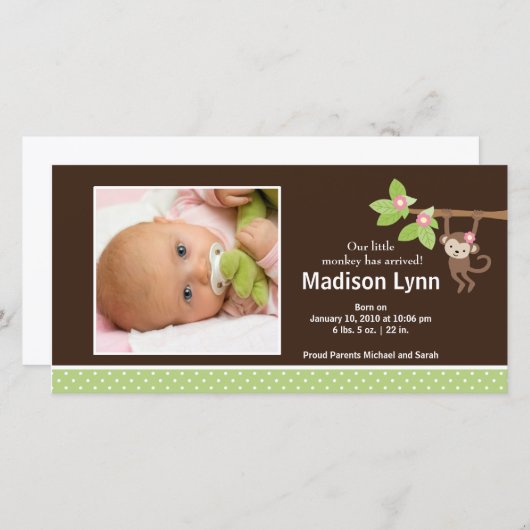 Petit singe bébé fille Faire-part photo (Devant / Derrière)