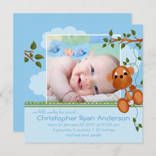 Petit singe bébé garçon Photo Faire-part (Devant / Derrière)