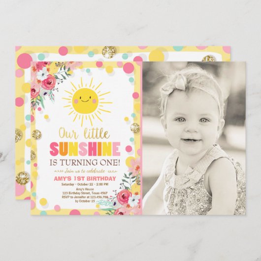 Petit soleil Invitation Anniversaire Pink Floral (Devant / Derrière)