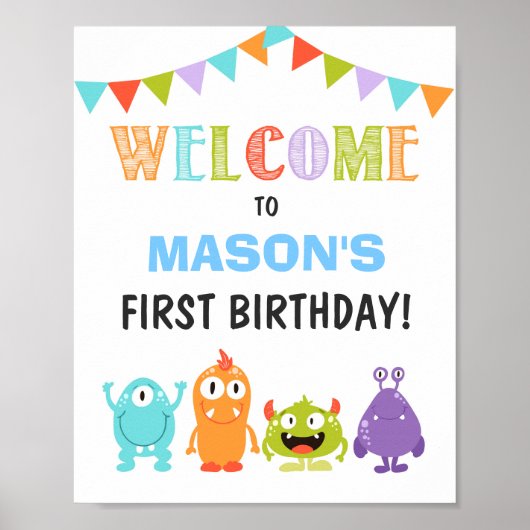 Petite Affiche de bienvenue d'anniversaire Monster (Devant)
