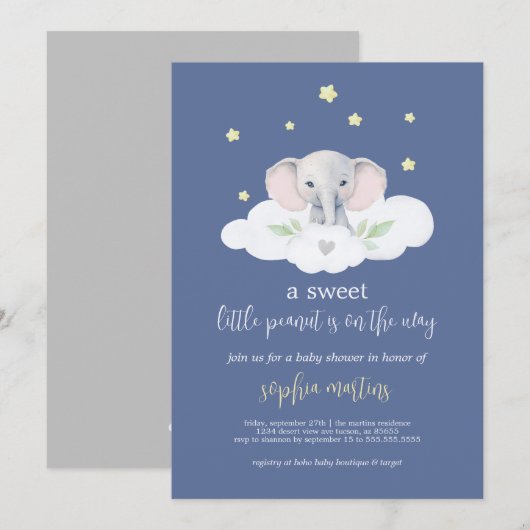 Petite Baby shower d'arachide Invitation Blue Elep (Devant / Derrière)