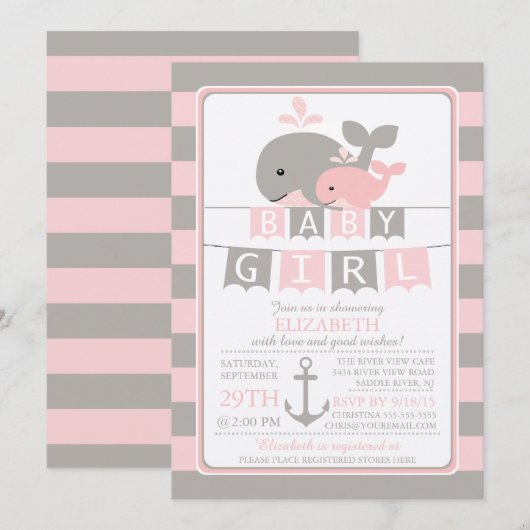 Petite baleine Baby shower fille Invitation (Devant / Derrière)