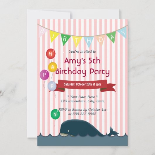 Petite baleine Pink Stripes Invitations d'annivers (Devant)