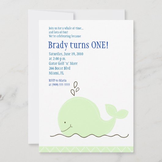 Petite baleine verte 5x7 Invitation d'anniversaire (Devant)